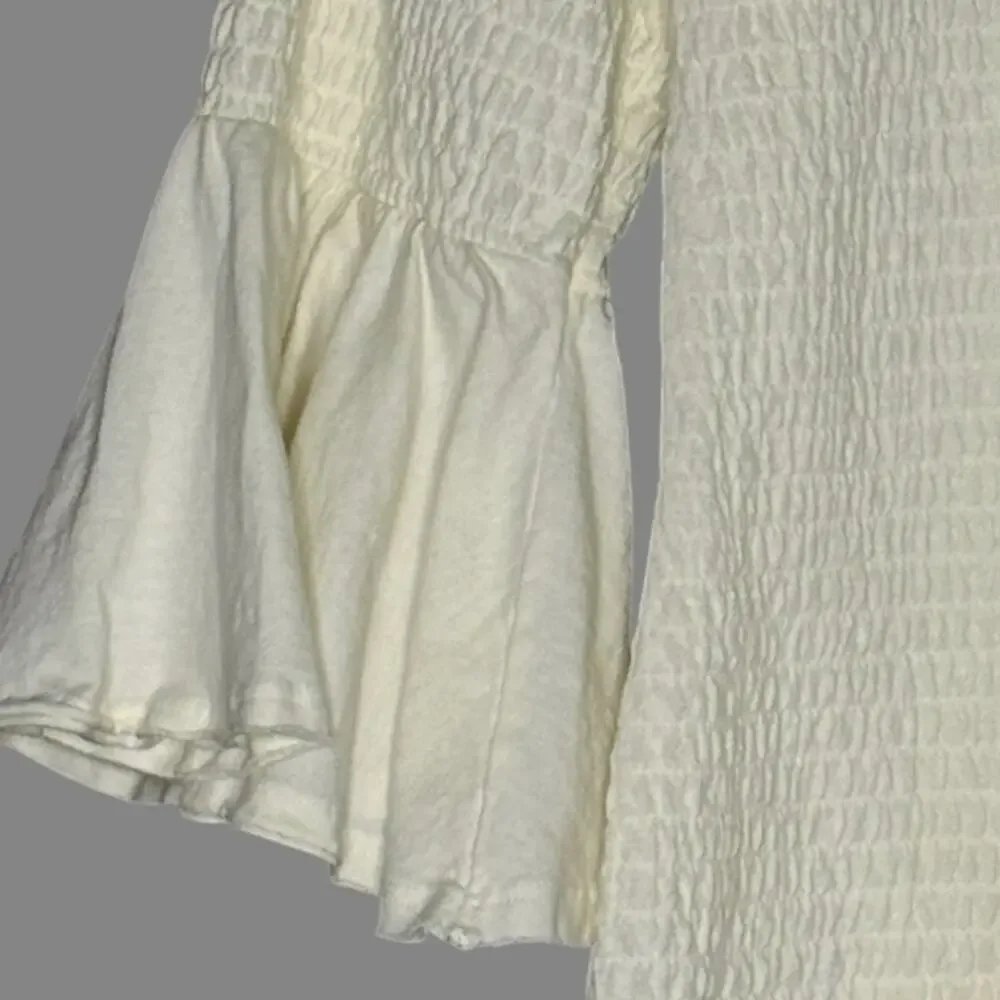 Anthropologie S Womens Smocked Bell Sleeve Top Scoop Neck Classic Cream